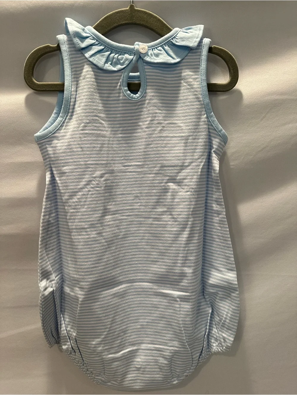 Infant Blue Striped Sleeveless Ruffle Collar Romper with Matching Bow